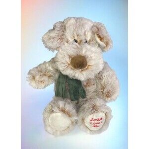 Fiesta Jesus Loves Me Puppy Dog w/ScarfPlush Stuffed Animal Two Tone Ivory Brwn